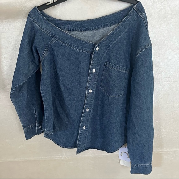 Commense Blue Asymmetrical 3/4 Sleeve Button Down Shirt - Picture 1 of 10